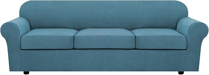 4 Piece Stretch Sofa Covers for 3 Cushion Couch Covers for Living Room Furniture Slipcovers (Base Cover Plus 3 Seat Cushion Covers) Upgraded Thicker Jacquard Fabric (XL Sofa, Storm Blue)