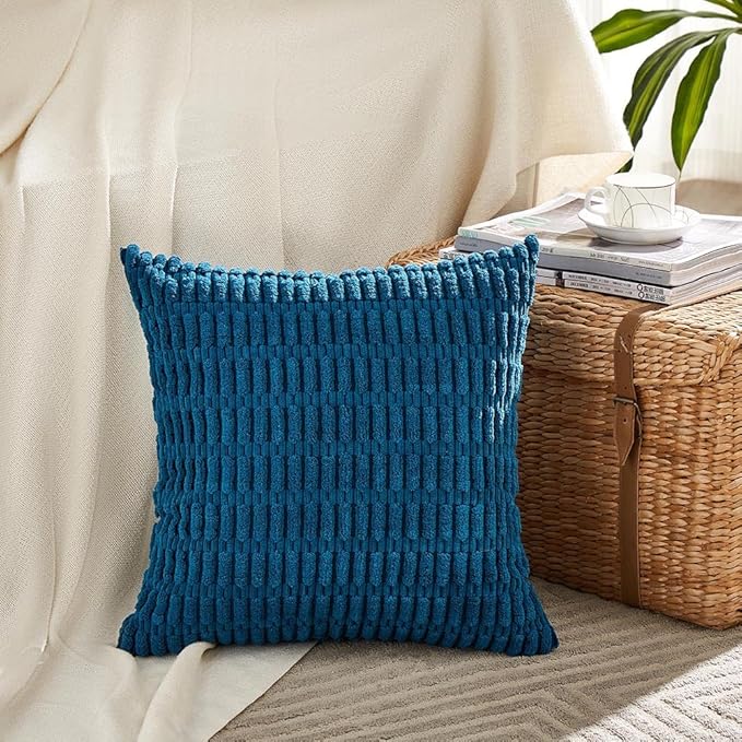 Fancy Homi 4 Packs Teal Decorative Throw Pillow Covers 18x18 Inch for Living Room Couch Bed Sofa, Rustic Farmhouse Boho Home Decor, Soft Striped Corduroy Square Cushion Case 45x45 cm