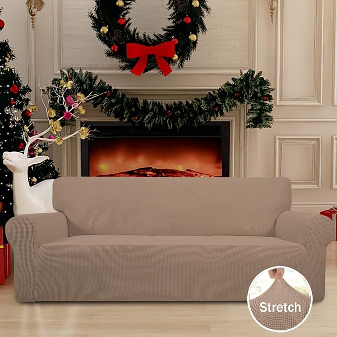 Easy-Going Stretch Sofa Slipcover 1-Piece Sofa Cover Furniture Protector Couch Soft with Elastic Bottom for Kids, Polyester Spandex Jacquard Fabric Small Checks (Sofa, Camel)