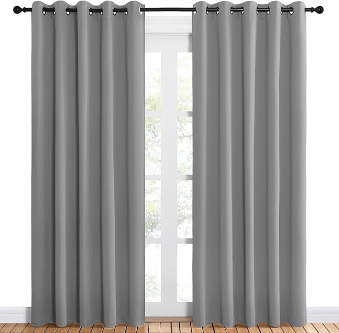 NICETOWN Bedroom Curtains Blackout Drapery Panels, Three Pass Microfiber Thermal Insulated Solid Ring Top Blackout Window Curtains/Drapes (Silver Grey, 2 Panels, 60 x 84 inches)