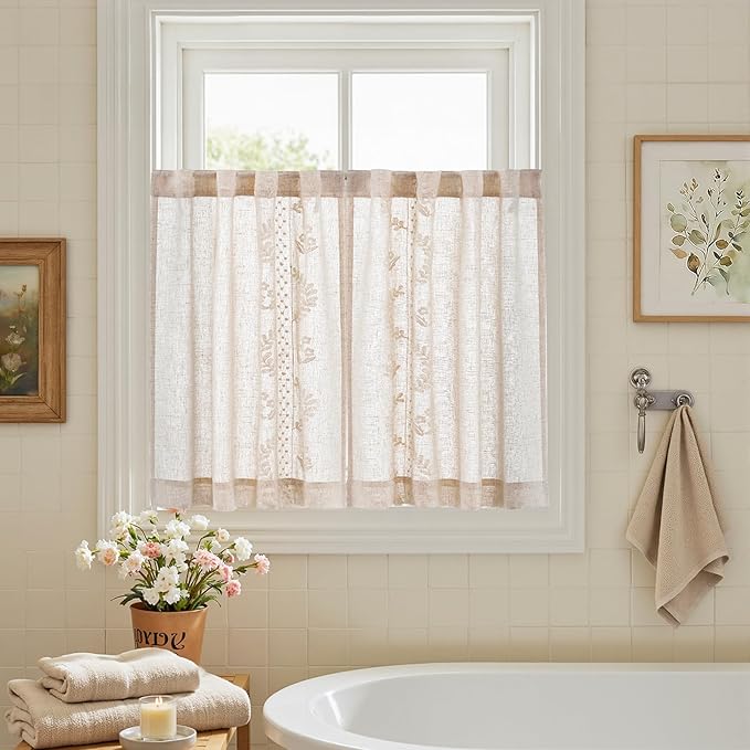 jinchan Belrose Linen Floral Kitchen Curtains 36 inch Length Embroidered Farmhouse Cafe Curtains for Living Room Bathroom Small Windows Curtain Set Sheer Light Filtering 2 Panels Ivory