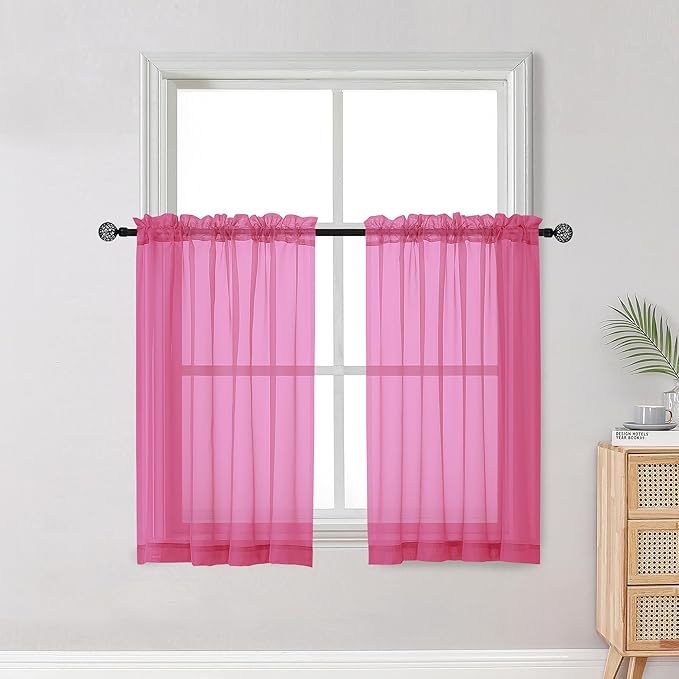 OWENIE Short Hot Pink Sheer Curtains 36 Inch Length 2 Panels Set, Kitchen Tiers Curtains Light Filter Rod Pocket Voile Cafe Curtain for Basement Bathroom Small Half Window, 42" W x 36" L, Hot Pink