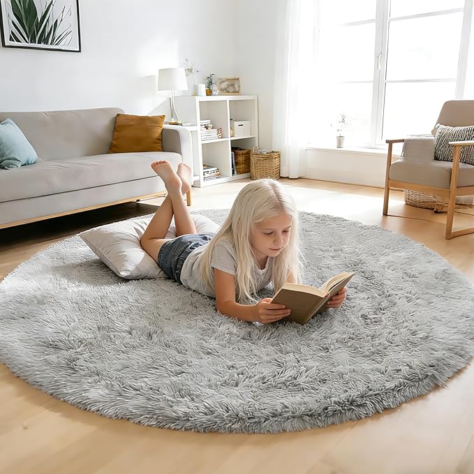 yulidayang Soft Round Area Rug for Kids Bedroom, Fluffy Fuzzy Shaggy Rug 5'X5'for Living Room, Non Slip Circle Plush Rug for Girls Room Nursery Dorm Decor,Light Grey