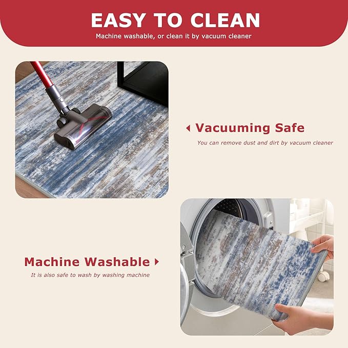 KOZYFLY Modern Abstract Washable Rug Runner 2.6x14 Hallway Rug Runner Non-Slip Soft Kitchen Runner Rugs, Blue Rust Striped Carpet for Entryway Bathroom Laundry Room Foyer