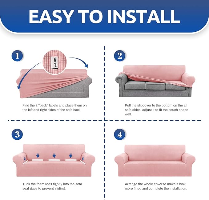 KEKUOU Stretch Sofa Cover Slipcover ，Couch Covers for 3 Cushion Couch Sofa pet Friendly (78"-94") Furniture Protector Sofa with Elastic Bottom for Kids,Dog, Jacquard Small Checked(Large,Dusty Pink)