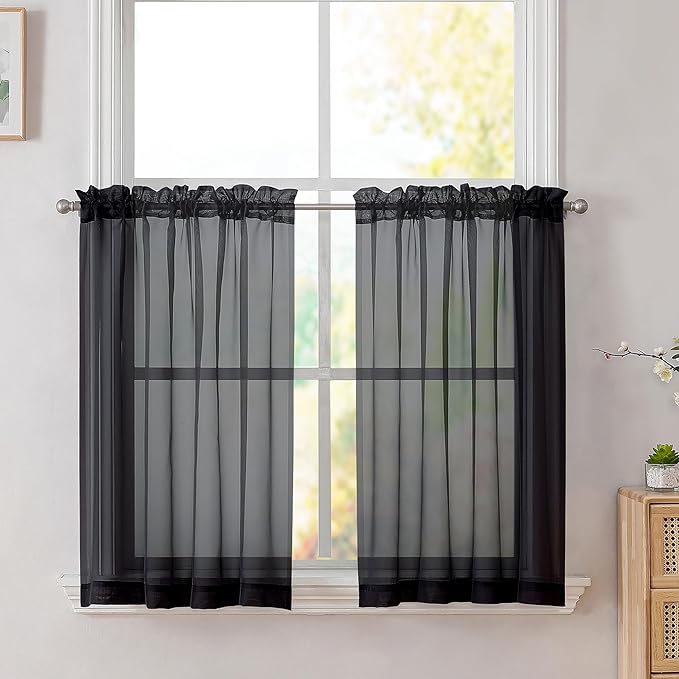 Simplebrand Black Sheer Kitchen Cafe Curtains - 36X36 Inch, 2 Paneled Tier Curtain Rod Pocket Sheers for Bathrooms, Small Windows