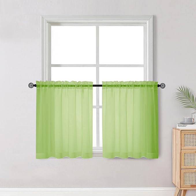 OWENIE Short Lime Sheer Curtains 30 Inch Length 2 Panels Set, Kitchen Curtains Tiers Light Filtering Rod Pocket Cafe Curtain for Basement Bathroom Small Half Window, 42" W x 30" L, Lime