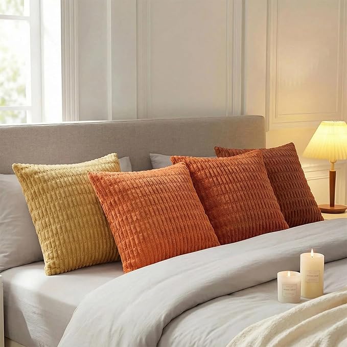Fancy Homi Set of 4 Burnt Orange Fall Boho Decorative Throw Pillow Covers 26x26 Inch for Couch Bed Sofa, Aesthetic Modern Bohemian Room Decor, Fuzzy Fluffy Cozy Corduroy Textured Cushion Case 66x66cm