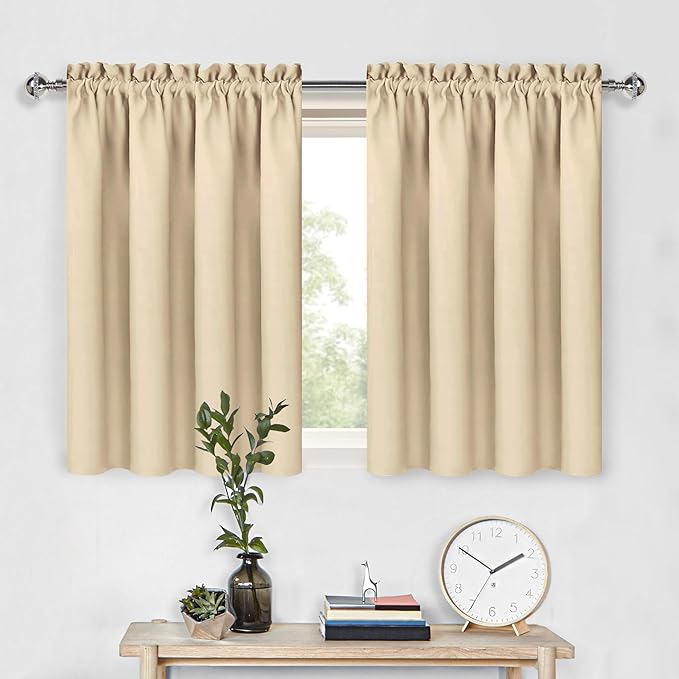 DWCN Beige Room Darkening Curtains for Kitchen/Bedroom, 60 x 36 inches Long - Energy Saving Window Drapes for Nursery with Rod Pocket, Set of 2 Panels