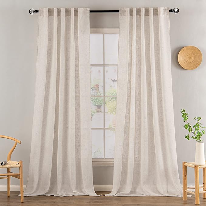 MIULEE Natural White Linen Curtains 100 Inch Length 2 Panels for Bedroom Living Room, Soft Thick Linen Textured Window Drapes Semi Sheer Light Filtering Back Tab Rod Pocket Burlap Look Decor