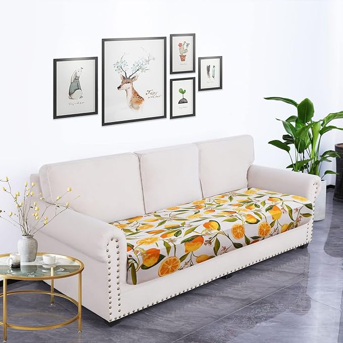 hyha Printed Couch Cushion Covers, Floral Sofa Covers Washable for 3 Cushion Couch, Stretch Pattern Outdoor Cushion Covers for Patio Furniture with Elastic Bottom(Large, Lemon)