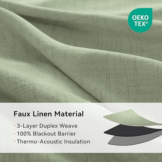 100% Blackout Shield Linen Blackout Curtains for Bedroom, Sage Green Grommet Curtains for Living Room, Thermal Insulated Room Darkening Drapes for Nursery, Boho Home Decor, 50" W x 84" L, 2 Panels