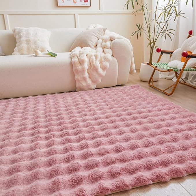 Pink Rabbit Plush Rug 5'x8', Fluffy Faux Fur Shaggy Area Rug for Nursery, Kids Room Decor, Soft Fuzzy Carpet for Living Room, Bedroom, Teen Girls Room