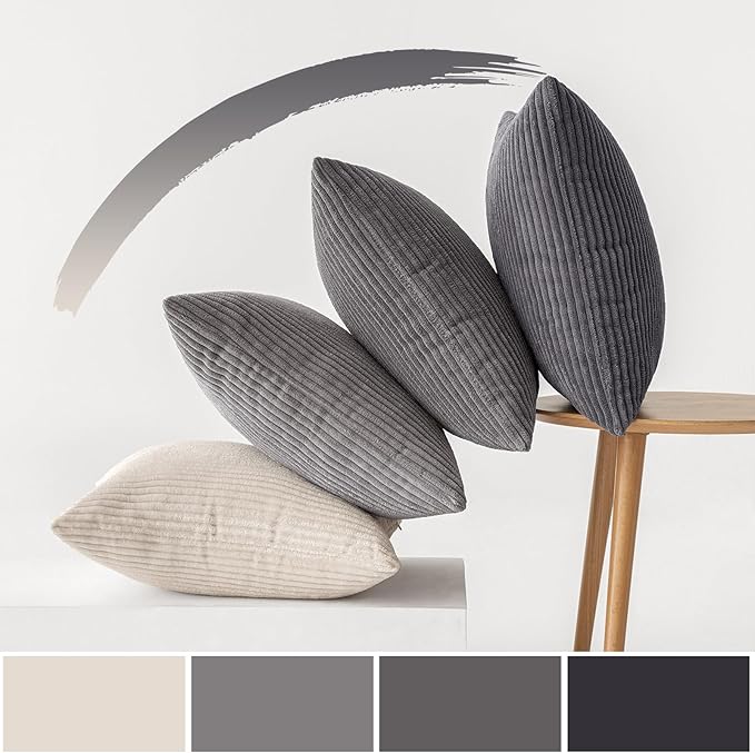 MIULEE Pack of 4 Neutral Grey Gradient Decorative Throw Pillow Covers 20x20 Inch Soft Boho Striped Corduroy Pillow Covers Modern Farmhouse Home Decor for Sofa Living Room Couch Bed