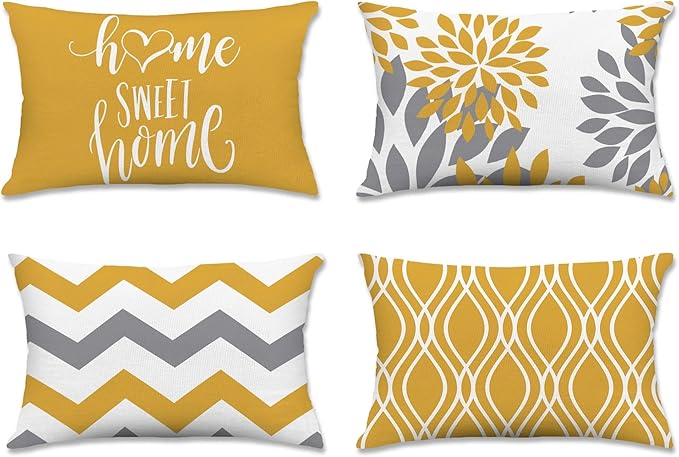 Hexagram Geometric Yellow Pillow Covers 12x20 Set of 4, Decorative Outdoor Boho Modern Throw Pillow Covers, Home Sweet Home Farmhouse Cushion Case for Couch Sofa Bedroom Indoor Decor(No Insert)