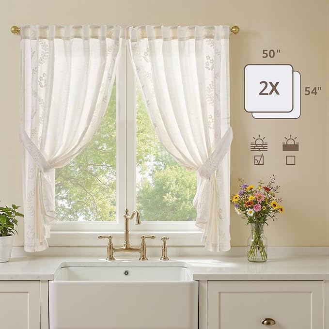 jinchan Belrose Linen Floral Cafe Curtains 54 Inch Length Embroidered Farmhouse Curtains for Kitchen Bedroom Bathroom Small Windows Curtain Set Light Filtering 2 Panels White