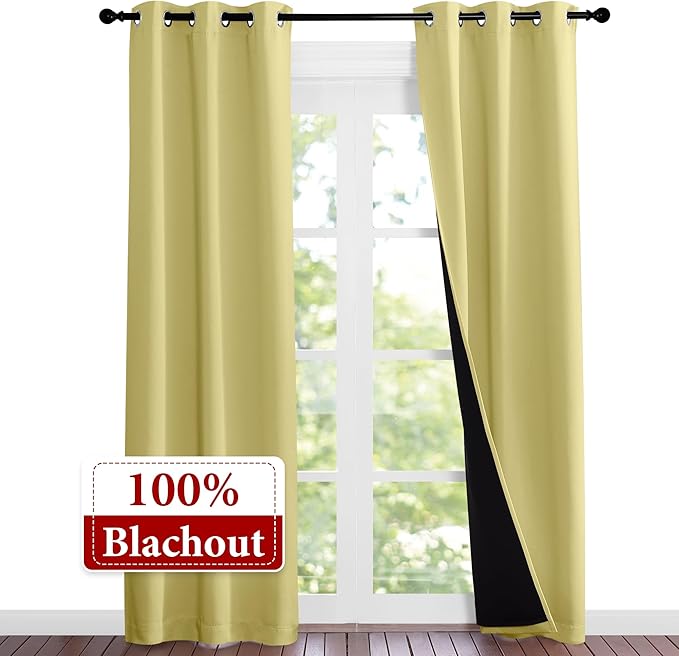 NICETOWN Paler Yellow Full Shade Curtain Panels, Pair of Thermal Insulated & Energy Efficiency Blackout Curtains for Living Room Windows, Lined Silky Performance Window Dressing (37" Wide x 84" Long)
