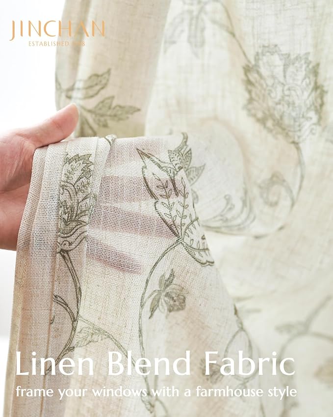 jinchan Linen Curtains Floral Curtains 96 Inch Length for Living Room Bedroom Light Filtering Rod Pocket Back Tab Farmhouse Curtains Flax Linen Texture Window Drapes Set 2 Panels Green on Linen
