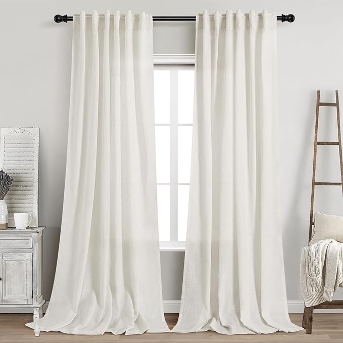 Cream Linen Curtains Back Tab Sheer Curtains 90 Inches Long for Living Room 2 Panels Rod Pocket Neutral Semi Sheer Light Filtering Pleated Curtain Drapes Cream Farmhouse Dining Room Curtain 42x90