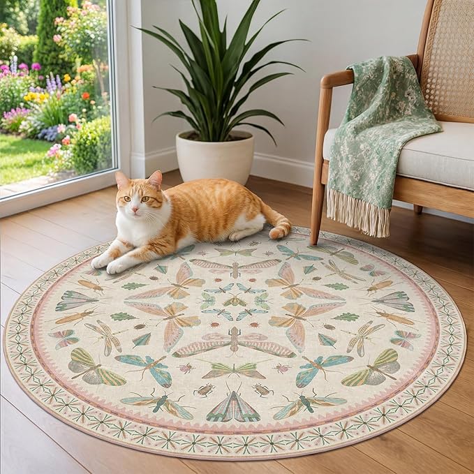 Boho Light Pink Round Rugs for Kids Bedroom - 4 ft Unique Circle Area Rugs for Baby Nursery, Washable Low Pile & Soft Cute Throw Rugs for Living Room, Playroom, Reading Corner, Fun Insect Décor