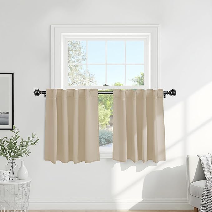 PONY DANCE Beige Valances Tiers for Kitchen - Short Room Darkening Small Curtains for Half Cafe Basement/Bathroom, 42 W x 36 Inches L, Biscotti Beige, Double Panels