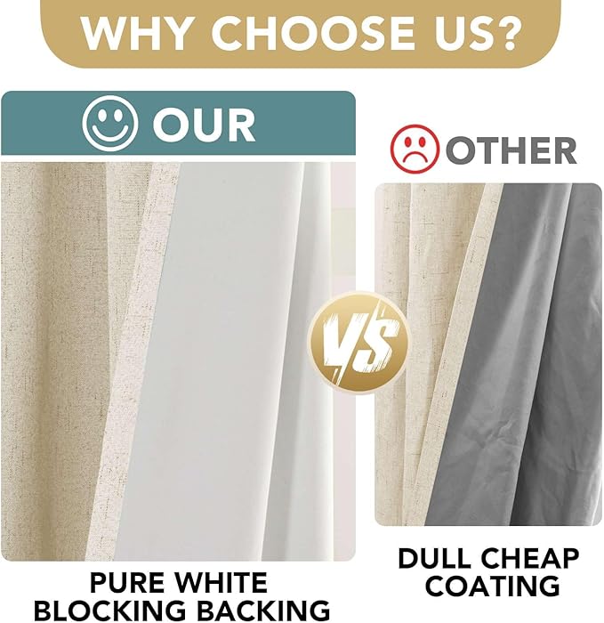 H.VERSAILTEX 100% Blackout Curtains for Bedroom Thermal Insulated Linen Textured Curtains Heat and Full Light Blocking Drapes Living Room Curtains 2 Panel Sets, 42x45 Inch, Bleached Sand