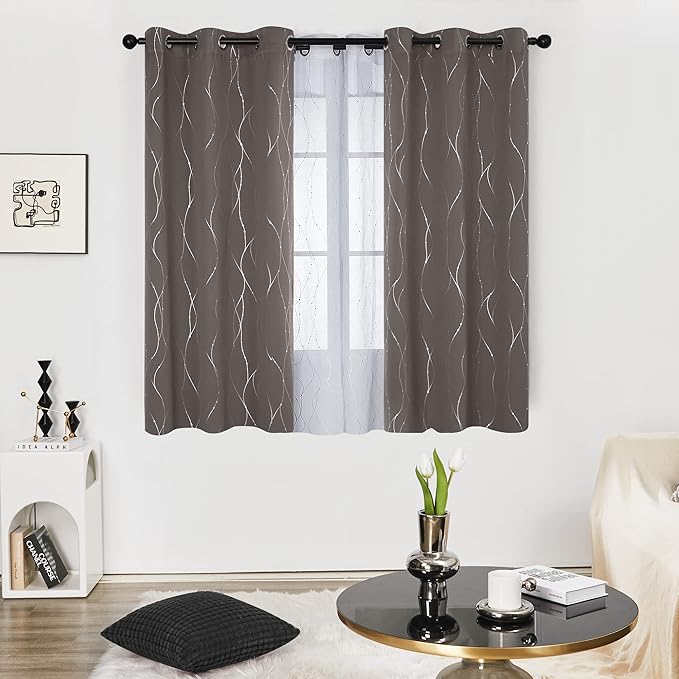 Deconovo Blackout Curtains, Thermal Insulated Soundproof Grommet Drapes, Wave Dots Silver Print, 42 x 45 Inch, Set of 2, Machine Washable Window Panel for Kitchen Bedroom Living Room Nursery, Taupe