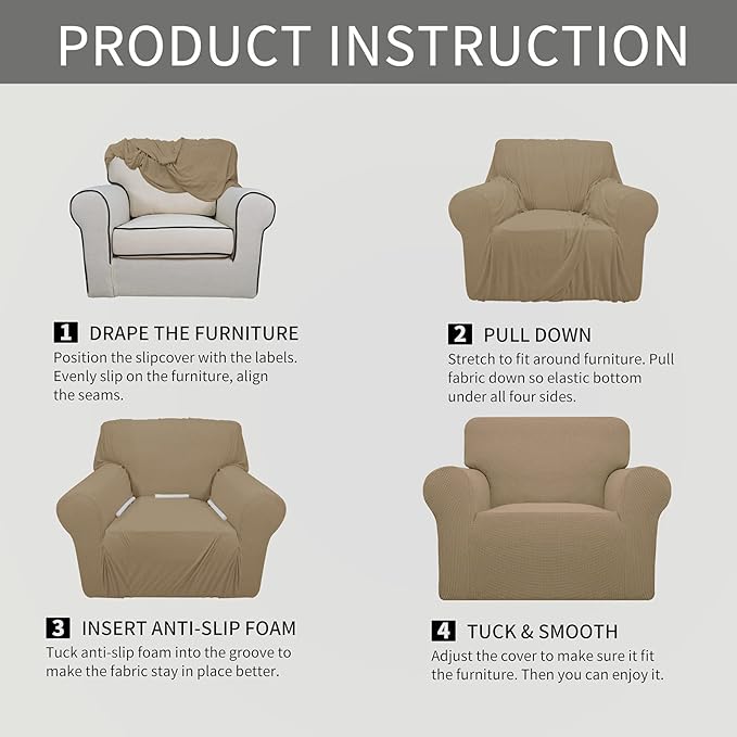 Easy-Going Stretch Oversized Chair Sofa Slipcover 1-Piece Couch Sofa Cover Furniture Protector Soft with Elastic Bottom for Kids Spandex Jacquard Fabric Small Checks Tan