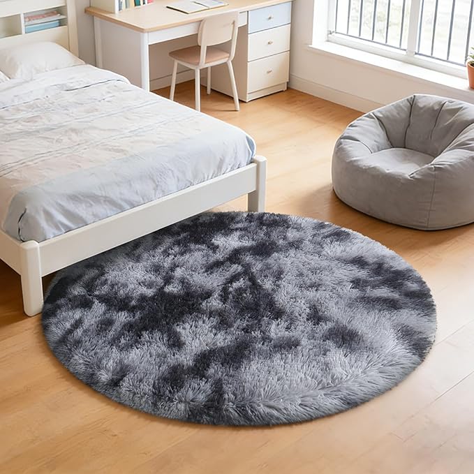 Tie-Dyed Black Fluffy Round Rug,Soft Area Rugs for Girls Room,Shaggy Rugs 5'X5' for Living Room,Non Slip Circle Rug for Kids Bedroom,Shag Plush Nursery Rug,Plush Carpet for Dorm,Cute Furry Room Decor