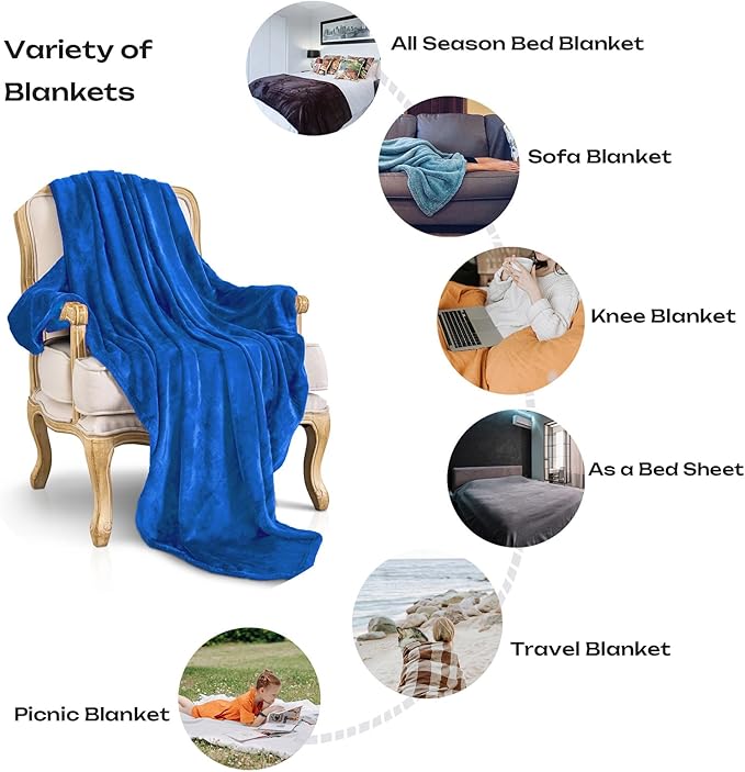 JIAHANNHA Flannel Fleece Blanket Queen Size Royal Blue 90 by 90 Inches Blankets for Couch Sofa Bed 280GSM,Super Soft Plush Cozy and Luxury Warm Bed Blanket for All Season