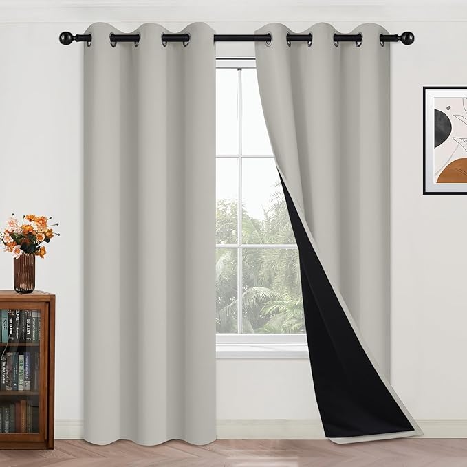 Yakamok Cream Beige 100% Blackout Curtains, Thermal Insulated Total Blackout Drapes for Bedroom, Heat Blocking Window Curtains for Living Room(42Wx84L, 2 Panels)