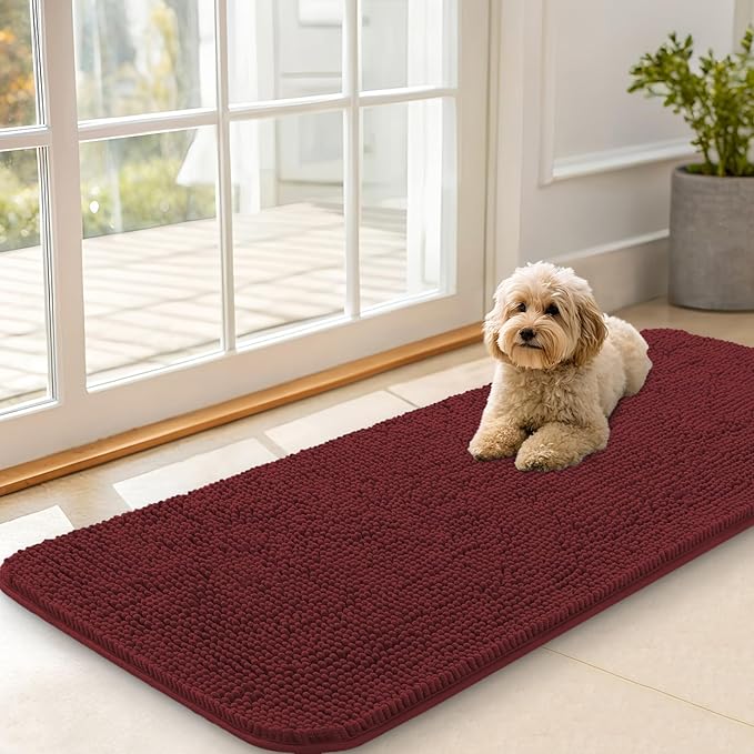OLANLY Dog Door Mat for Muddy Paws 47x20, Absorbs Moisture and Dirt, Absorbent Non-Slip Washable Doormat, Quick Dry Chenille Mud Mat, Entry Indoor Entryway Carpet for Inside Floor, Caramel Russet