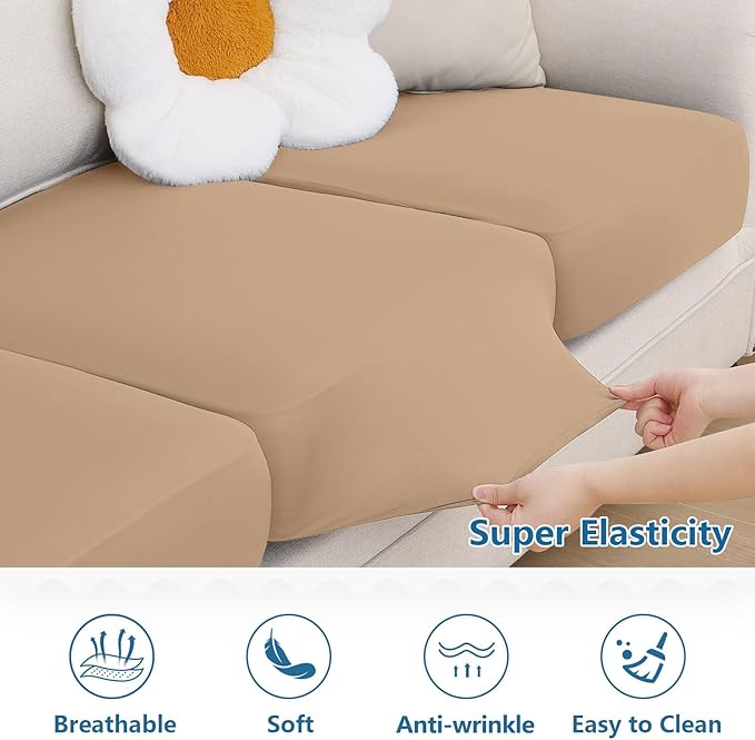hyha Milk Silk Couch Cushion Covers, Soft Magic Sofa Covers Washable for 3 Cushion Couch, Stretch Sectional Outdoor Cushion Covers for Patio Furniture with Elastic Bottom(Large, Camel)