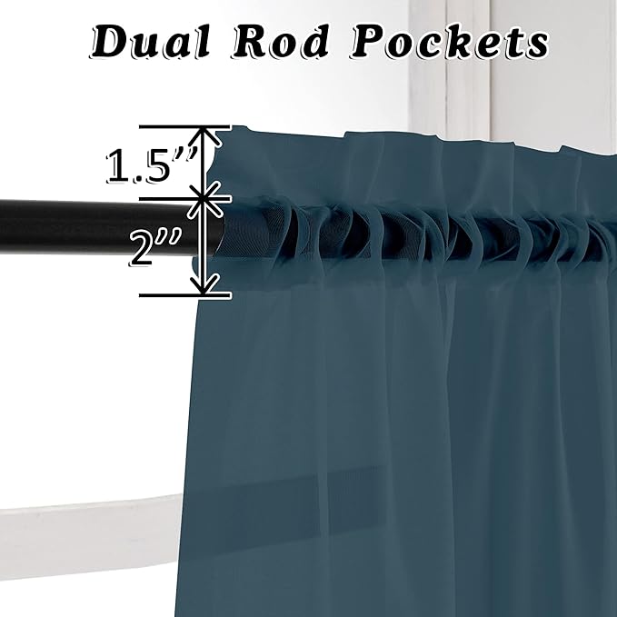 OVZME Dusty Blue Sheer Curtains 63 inch Length 2 Panels Set for Kitchen Decor, Elegant Light Filtering Airy Semi Voile Window Treatments, Each is 42W x 63L