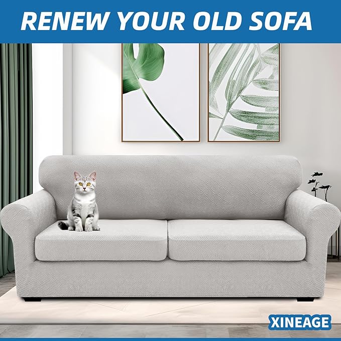 XINEAGE 2026 New 3 Pieces Couch Covers for 2 Extra Large Cushion Sofa Super Stretch Sofa Cover for 2 Large Seat Universal Loveseat Slip Cover for Living Room (Silver Grey), 71"-91"(2 Cushions)