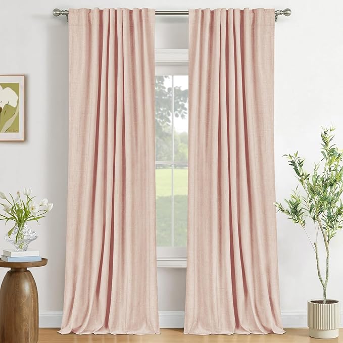 100% Blackout Shield Creamy Peach Linen Blackout Curtains for Bedroom 96 Inches Long, Back Tab/Rod Pocket Living Room Drapes, Thermal Insulated Blackout Curtains 2 Panels Set, 50" W x 96" L