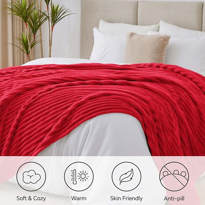 BEDELITE King Size Blanket for Bed, 300GSM Soft & Warm Fleece Blanket, Decorative and Giftable Striped Red Blankets for Women, Men, 108"x90"