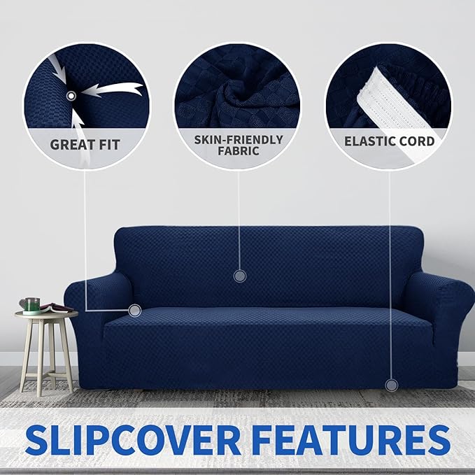 ZNSAYOTX 1 Piece Jacquard Couch Covers for 3 Cushion Couch Living Room High Stretch Sofa Cover Pets Dogs Friendly Anti Slip Thickened Slipcovers Furniture Protector (Sofa, Navy Blue)