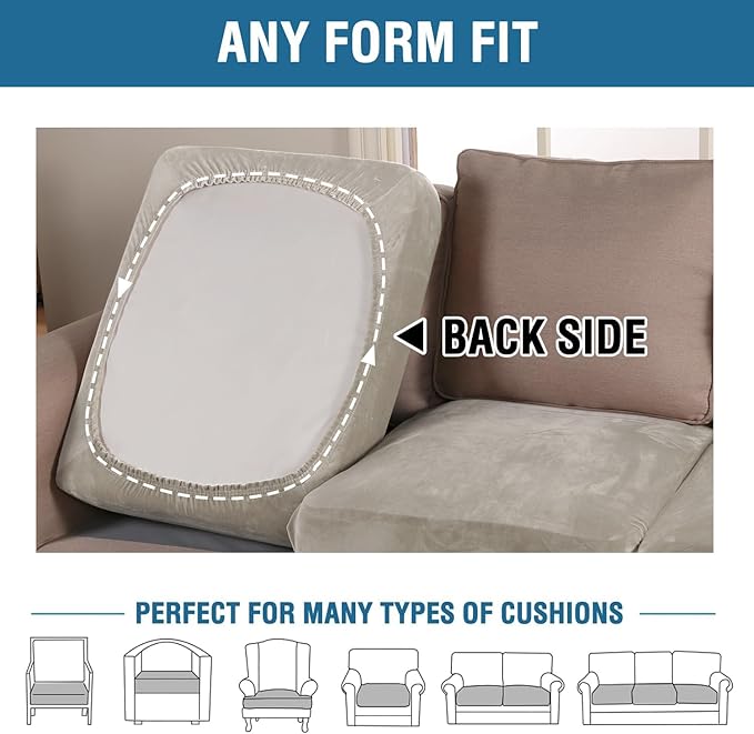 H.VERSAILTEX Velvet Stretch Couch Cushion Cover Plush Cushion Slipcover for Chair Cushion Furniture Protector Seat Cushion Sofa Cover (1 Piece Armchair Cushion Covers, Oatmeal)