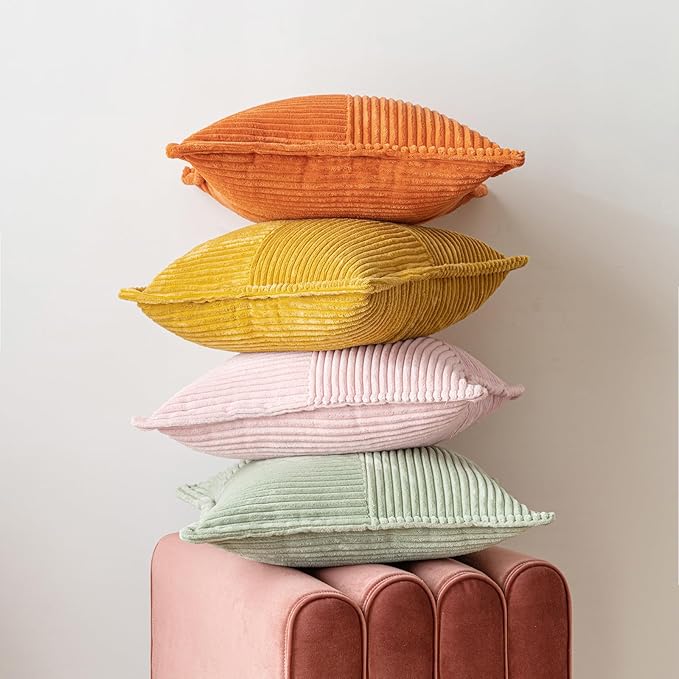 MIULEE Spring Decorative Throw Pillow Covers for Couch Bed Livingroom 20x20 Inch Set of 2 Pink Boho Accent Throw Pllows Broadside Striped Patchwork Soft Corduroy Pillowcases Valentine Decor