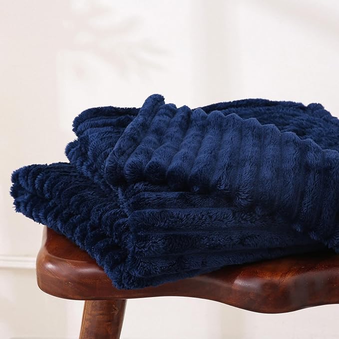 Navy Blue Fleece Throw Blanket 60”×80” for Couch Sofa Bed,Super Soft Cozy Plush Microfiber Flannel Blanket with Stripes Design Lightweight for Adults,Woman,Girls