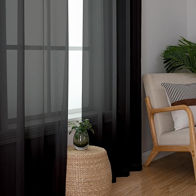 Simplebrand Black Sheer Curtains 108 Inches Long, Extra Long Rod Pocket Solid Color Window Sheer Curtain Panels, Elegant Curtains & Drapes for Living Room, Bedroom 2 Panels (Black, 59" W x 108" L)