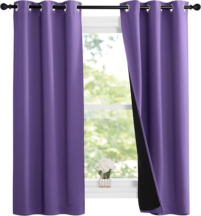 NICETOWN 100% Blackout Short Curtains with Black Liners, 2 Panels, 37" W by 50" L, Lilac Purple, Thermal Insulated Full Blackout 2-Layer Lined Drapes, Energy Efficiency Window Draperies for Bedroom
