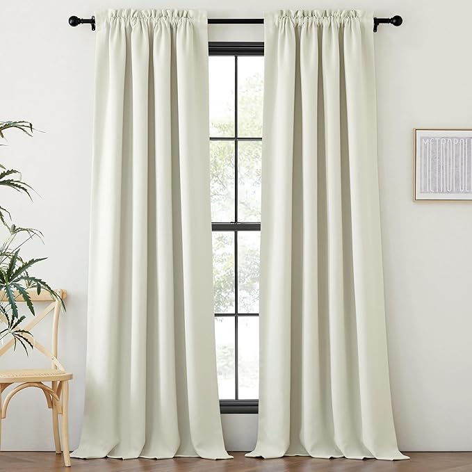 NICETOWN Thick Faux Linen Bedroom Curtains 108 inches Long, Room Darkening Dual Rod Pockets & Hook Belt Thermal Curtains Noise Dampening Drapes for Living Room, Natural, W52 x L108, 2 Panels