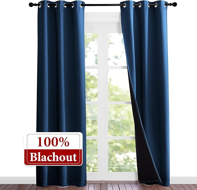 NICETOWN Moroccan Blue Full Shade Curtain Panels, 37" Wide x 80" Long, Pair of Thermal Insulated & Energy Efficiency Blackout Curtains for Living Room Windows, Lined Silky Performance Window Dressing