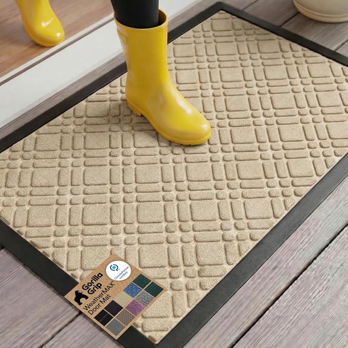 GORILLA GRIP 100% Waterproof All-Season WeatherMAX Doormat 35x23, US Designed Natural Rubber, Stain and Fade Resistant, Low Profile Indoor Outdoor Door Mats, Easy Clean Patio Mat, Modern Latte