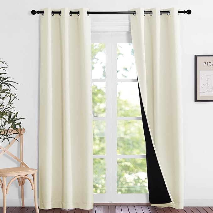 NICETOWN Living Room Completely Shaded Draperies, Privacy Protection & Noise Reducing Ring Top Drapes, Black Lined Insulated Window Treatment Blackout Curtain Panels (Beige, 2 Pieces, W37 x L84)