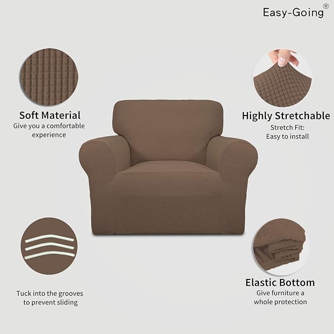 Easy-Going Stretch Chair Sofa Slipcover 1-Piece Couch Sofa Cover Furniture Protector Soft with Elastic Bottom for Kids, Pet. Spandex Jacquard Fabric Small Checks (Chair, Brown)