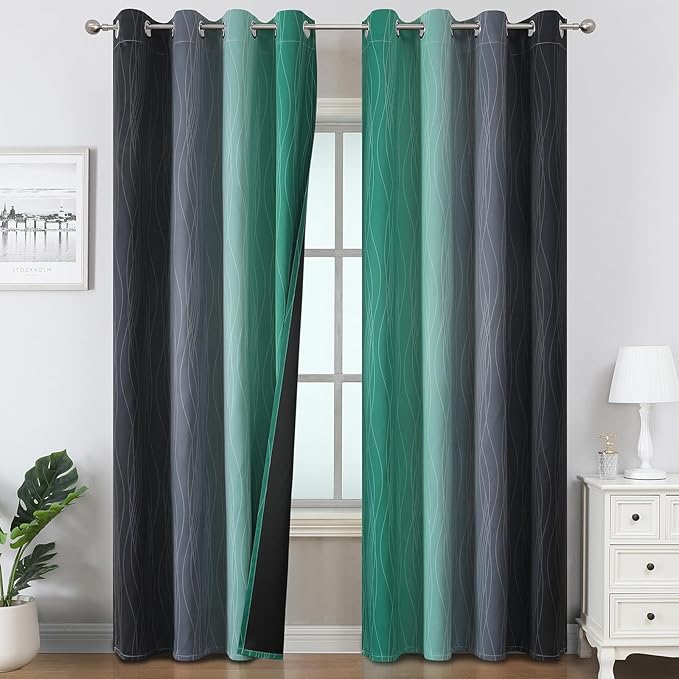 Estelar Textiler Black and Green Ombre Blackout Curtains for Bedroom 102 Inch Long, Thermal Insulated Grommet Complete Room Darkening Gradient Drapes for Living Room, 52Wx102L,2 Panels