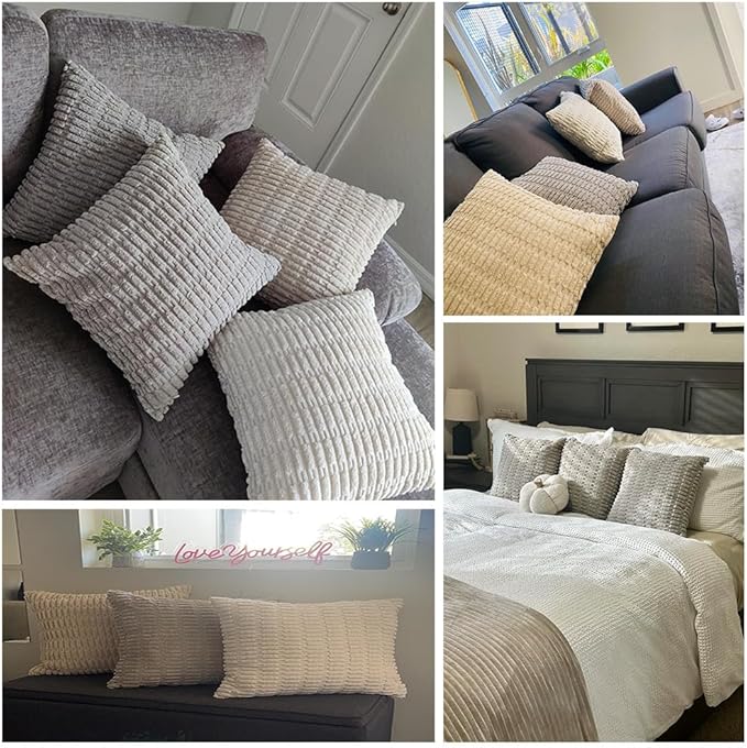 Fancy Homi 4 Packs Neutral Small Decorative Throw Pillow Covers 14x14 Inch for Living Room Couch Bed Sofa, Rustic Farmhouse Boho Home Decor, Soft Plush Striped Corduroy Square Cushion Case 35x35 cm